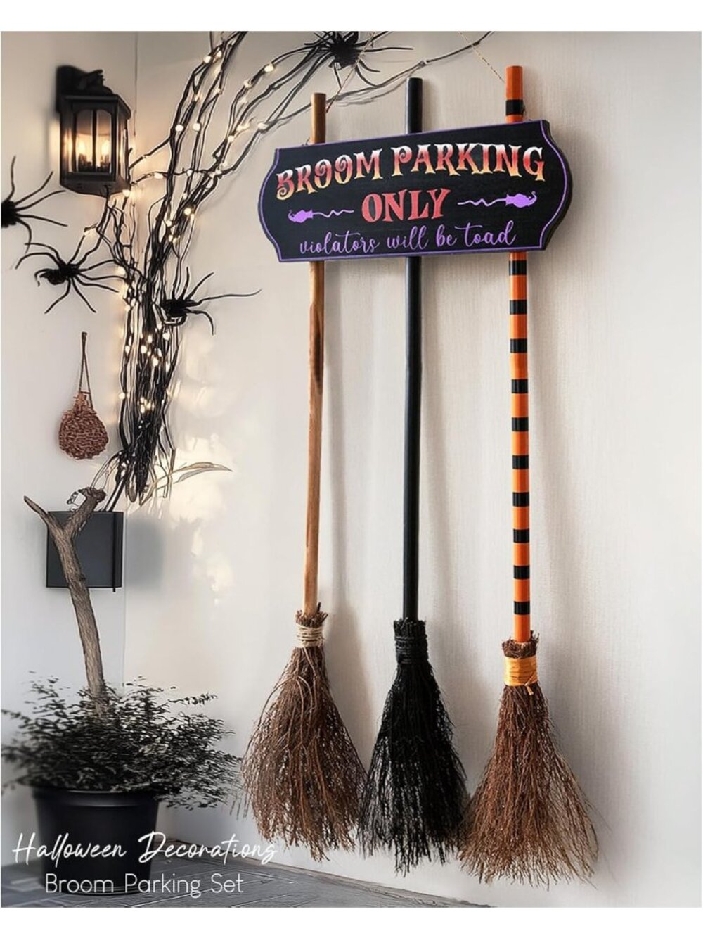 Spooky Halloween Broom Parking Sign with 3 Wooden Witch Brooms - Festive Decor